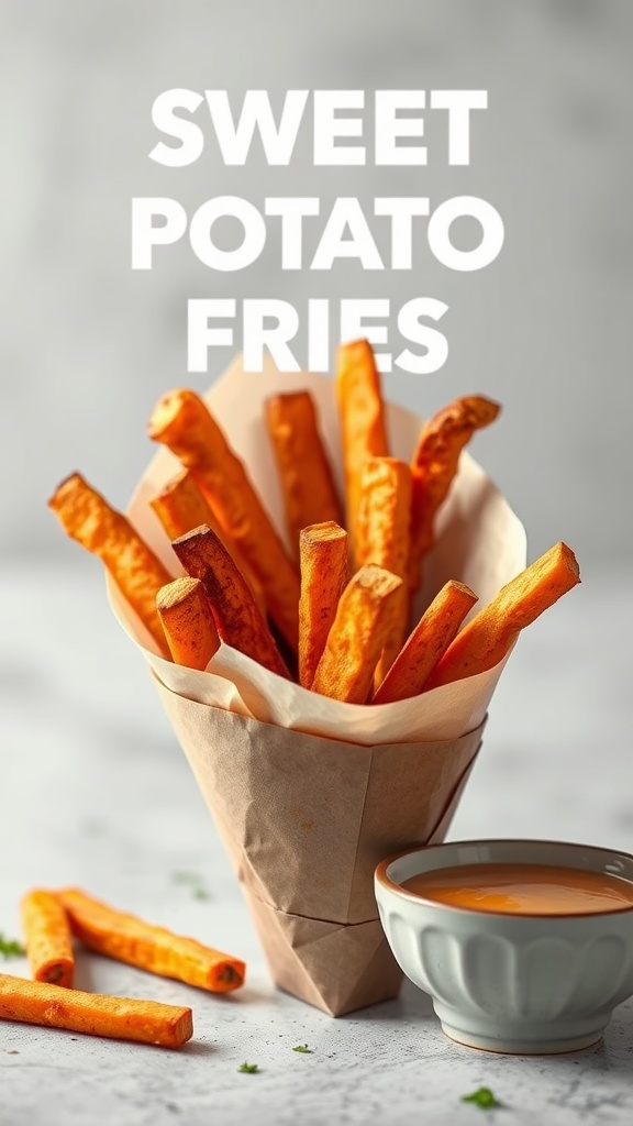 Delicious air fryer sweet potato fries in a paper cone with a dipping sauce