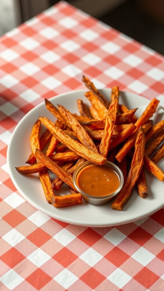 A plate of crispy air fryer sweet potato fries served with a dipping sauce.