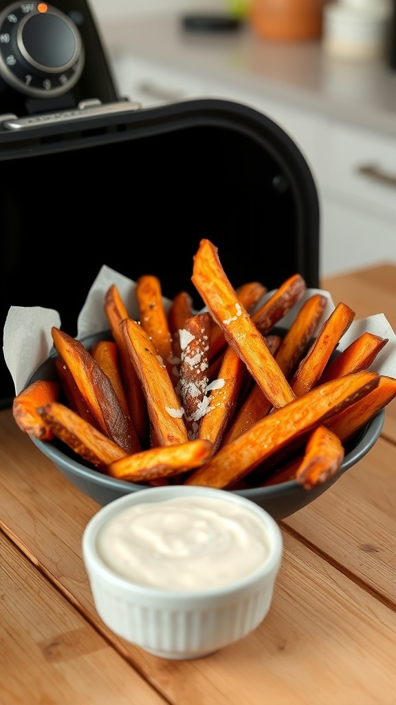Delicious air fryer sweet potato fries served with dipping sauce.