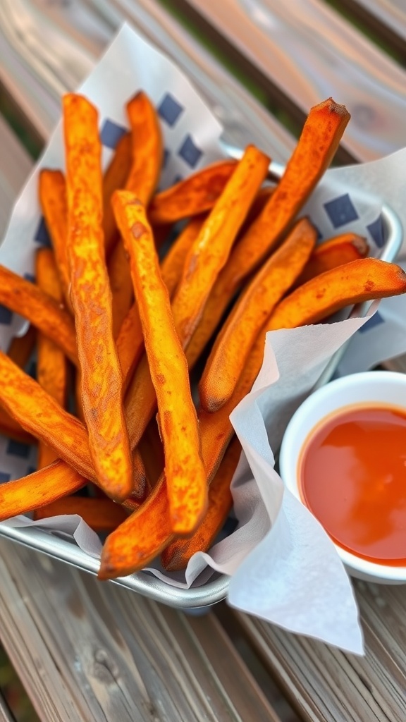 A basket of crispy air fryer sweet potato fries served with a dipping sauce.