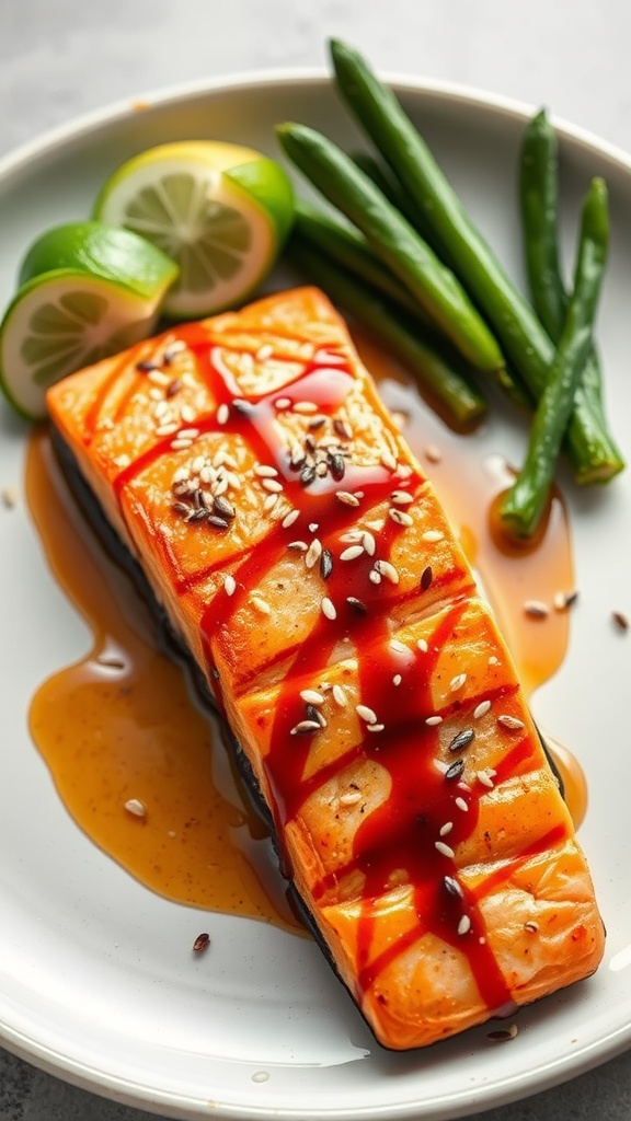 A plate of Air Fryer Teriyaki Salmon garnished with sesame seeds and green onions, served with lime and green beans.
