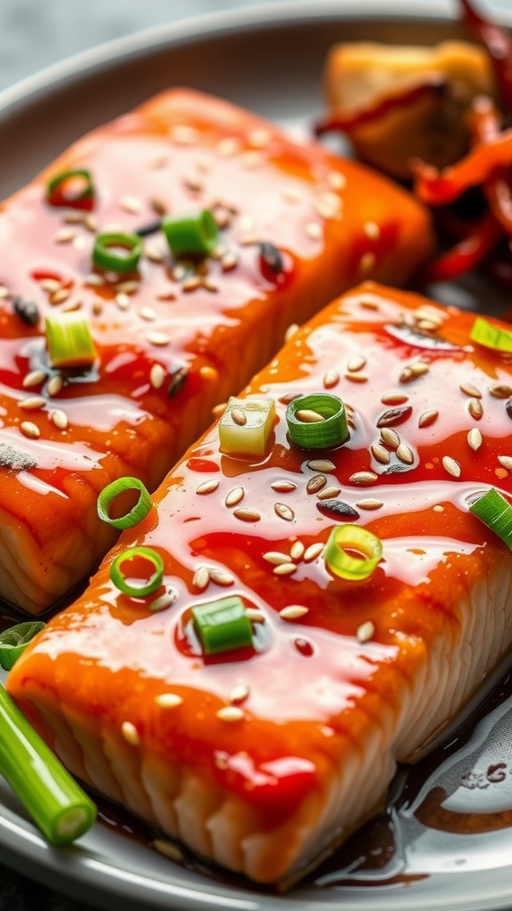 Delicious Air Fryer Teriyaki Salmon garnished with sesame seeds and green onions.