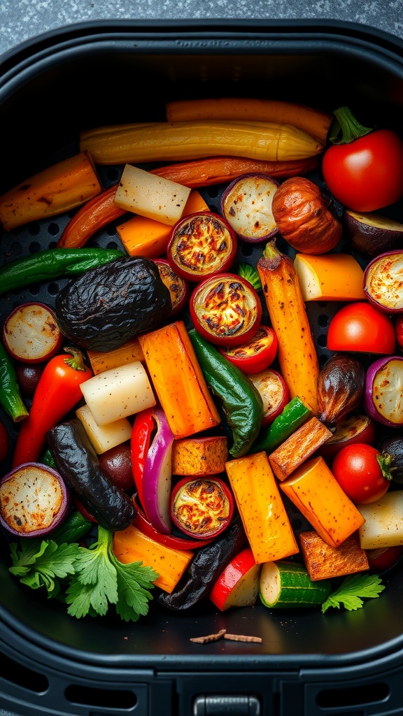 A colorful array of air-fried vegetables including zucchini, bell pepper, cherry tomatoes, carrot, mushrooms, and red onion.