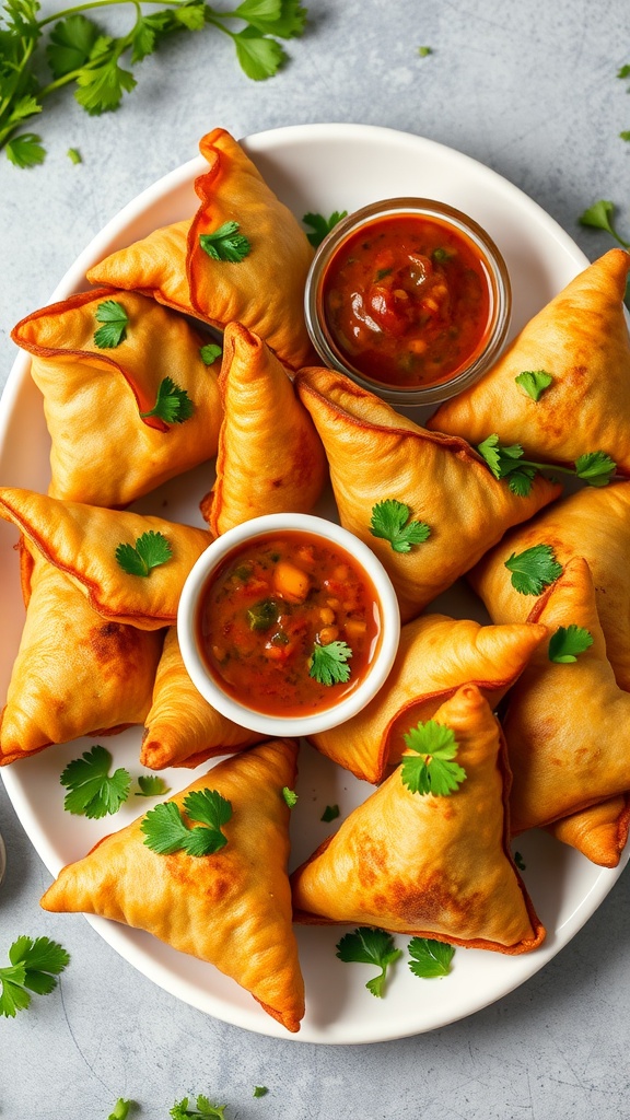 A plate of golden-brown vegetable samosas garnished with cilantro, served with dipping sauces.