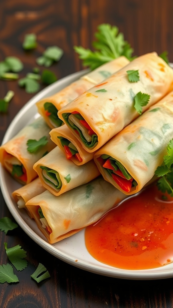 Delicious air fryer vegetable spring rolls served with dipping sauce