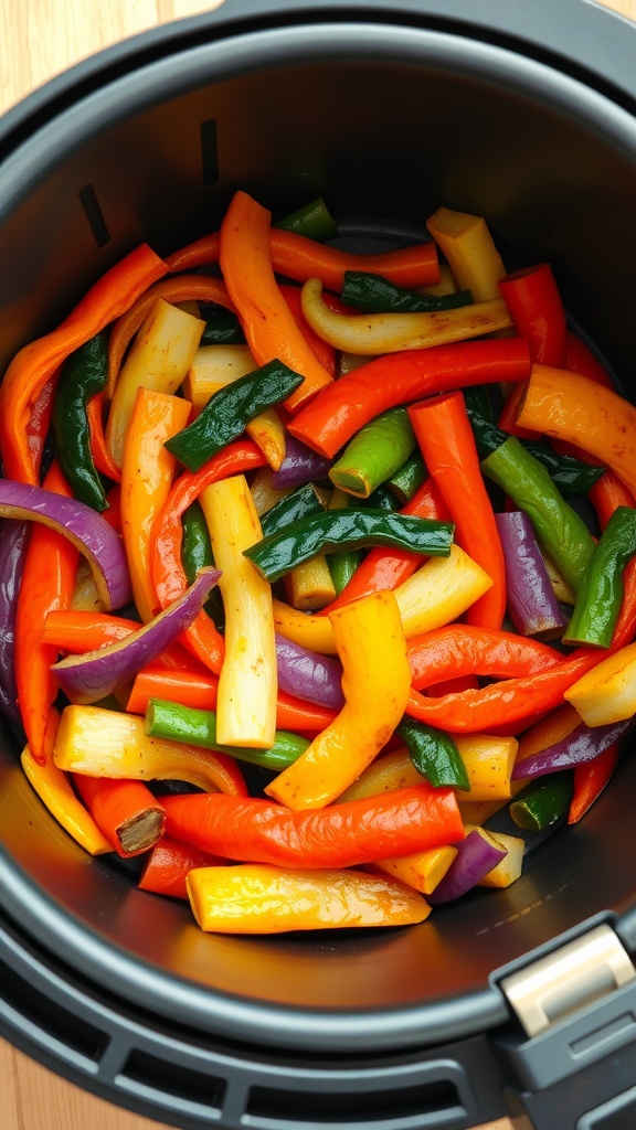 A colorful mix of sliced vegetables in an air fryer basket.