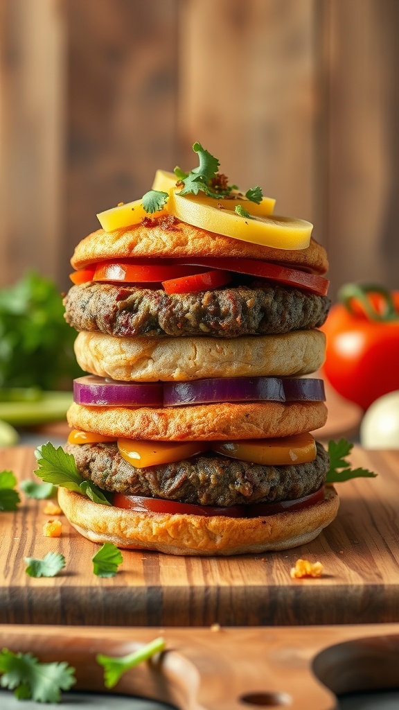 Stacked air fryer veggie burgers with various toppings and ingredients.
