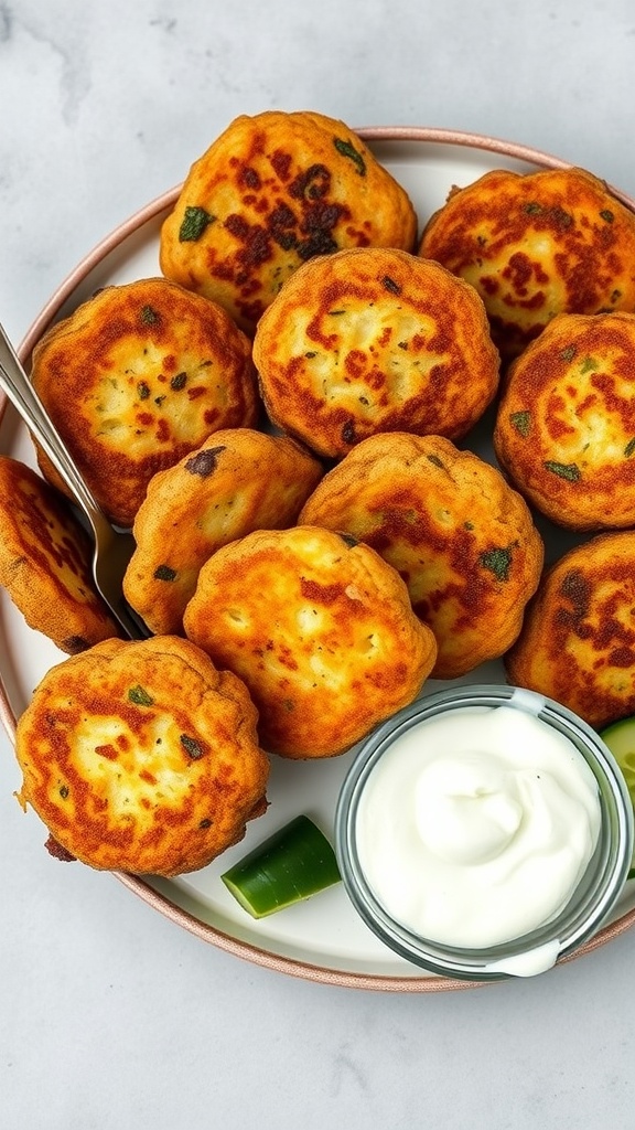 Crispy veggie fritters served with a yogurt dip.