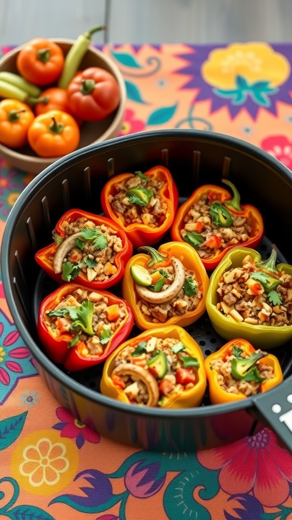 Colorful air fryer veggie stuffed peppers filled with quinoa, black beans, and vegetables.