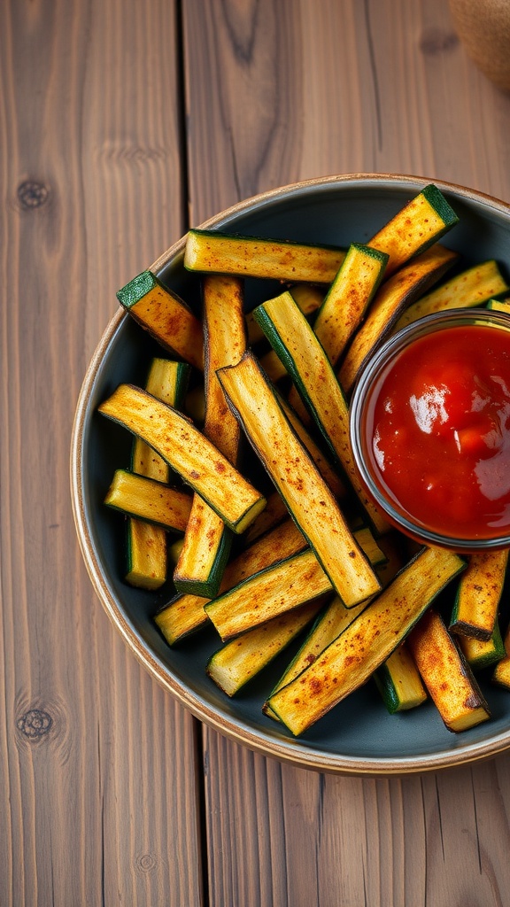 Bowl of crispy zucchini fries served with ketchup on a wooden table.