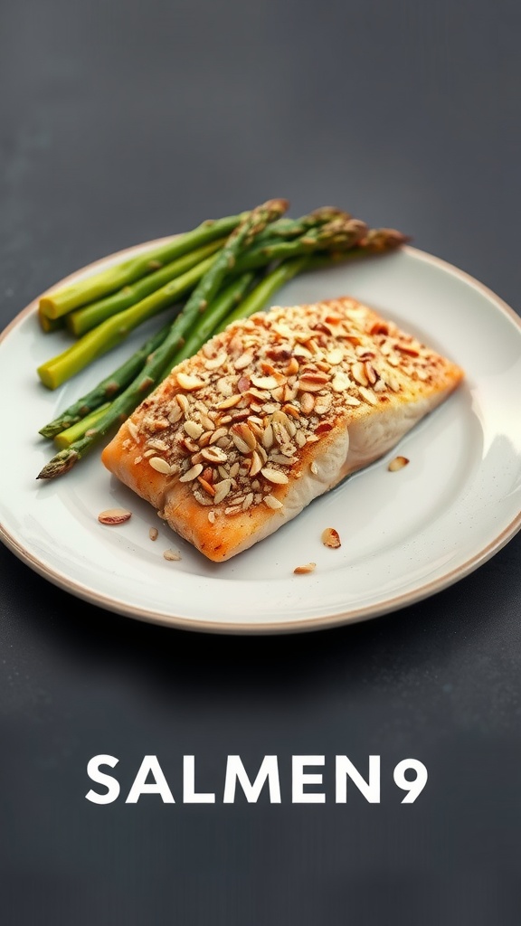 Almond-crusted salmon with asparagus on a plate.