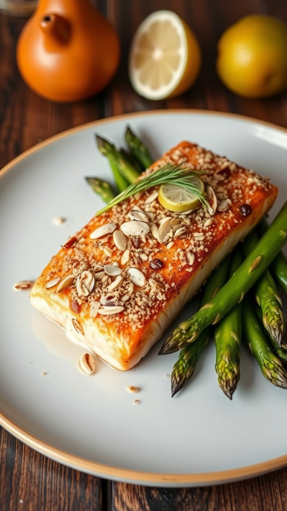 A delicious plate of almond-crusted salmon with asparagus and lemon.