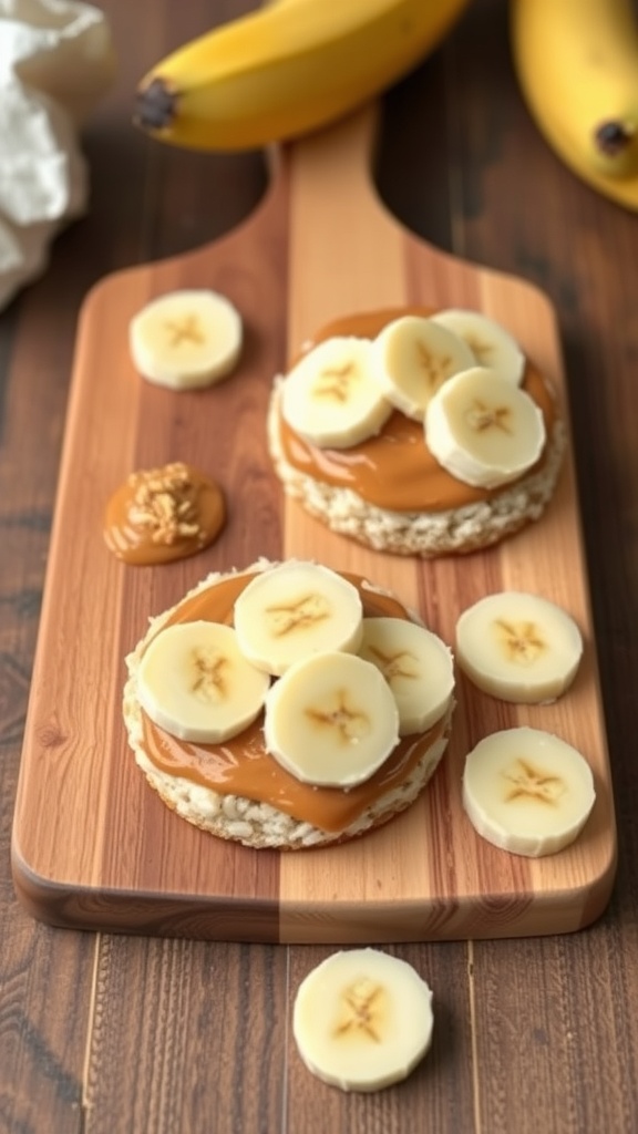 Rice cakes topped with almond butter and banana slices on a wooden cutting board.