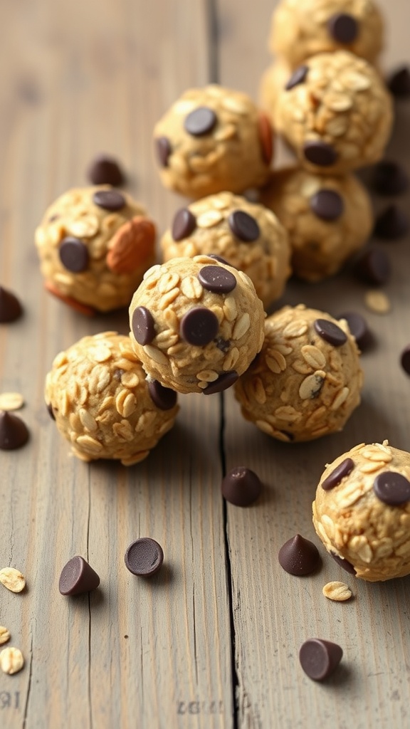 A close-up of almond butter energy balls with chocolate chips on a wooden surface.