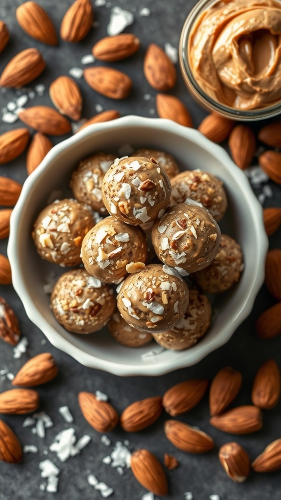 A bowl of almond butter energy bites surrounded by almonds and coconut flakes.