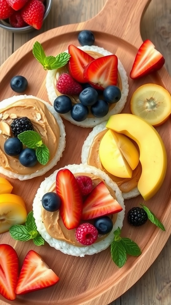 Rice cakes topped with almond butter and fresh fruits, garnished with mint leaves.