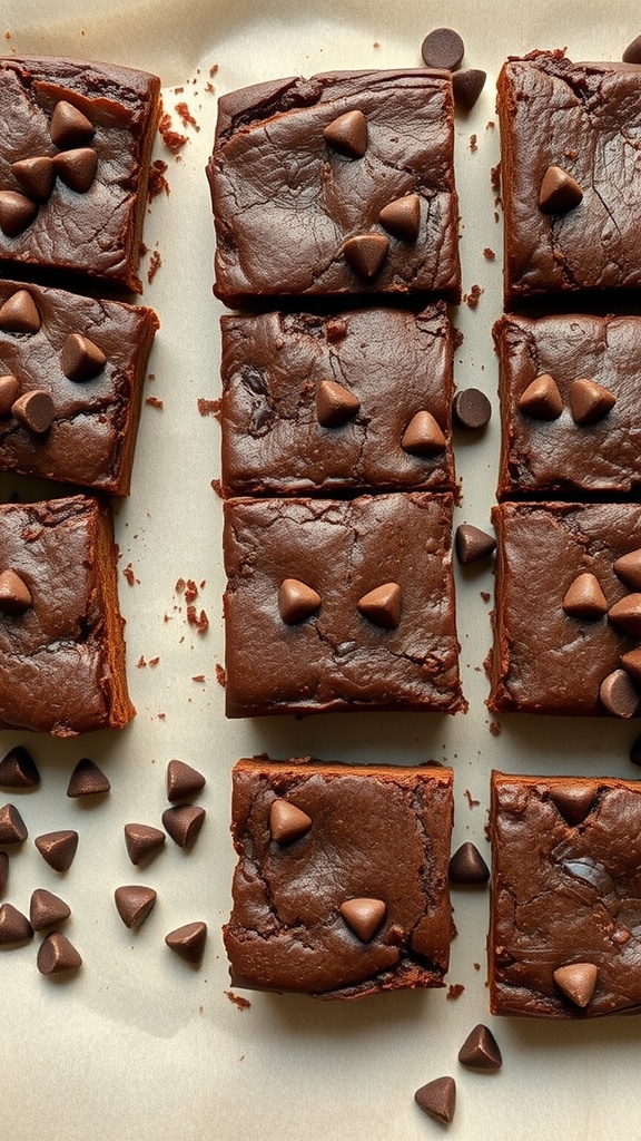 Almond flour brownies on a baking sheet with chocolate chips
