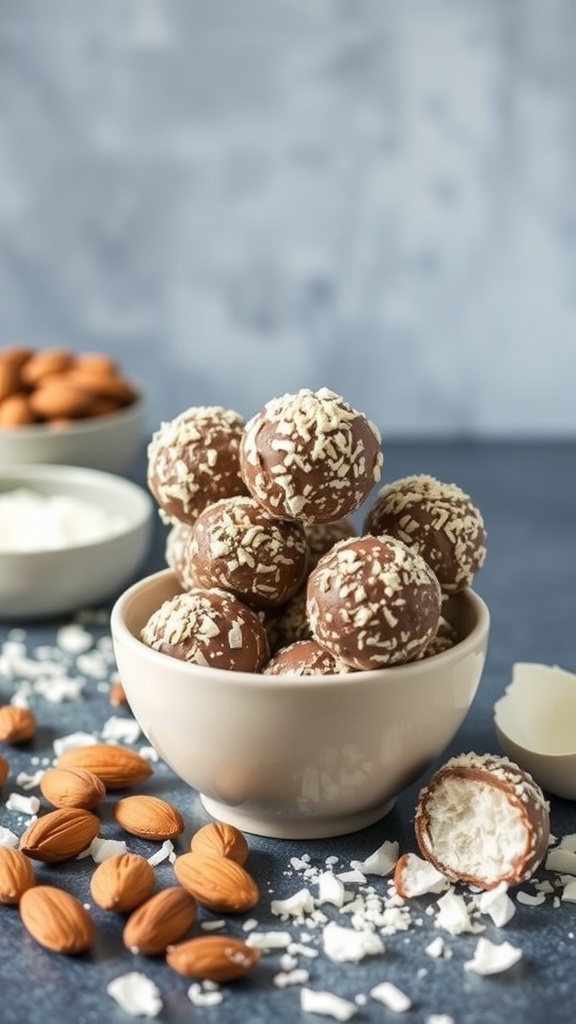 A bowl of homemade Almond Joy Energy Balls with almonds and coconut scattered around.