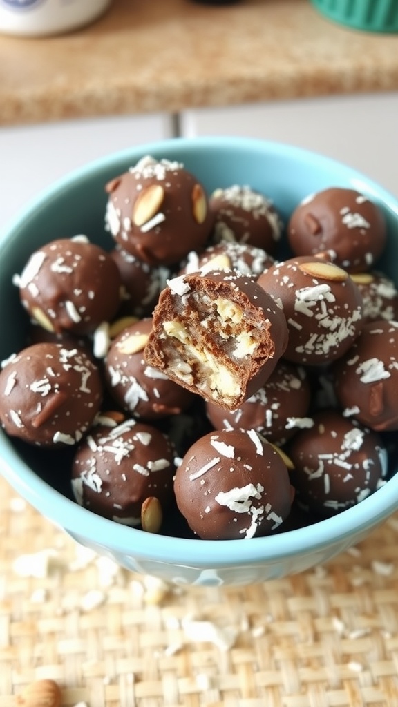 A bowl of Almond Joy Energy Balls with a bite taken out of one