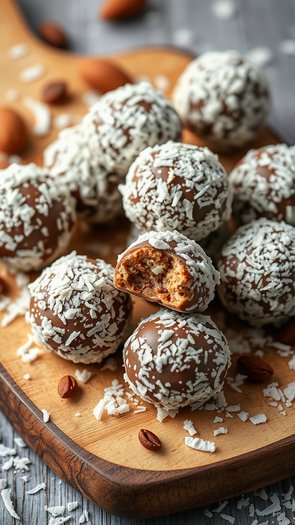 Delicious almond joy energy balls coated in coconut