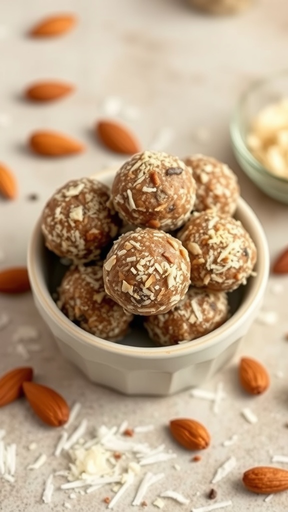 A bowl of Almond Joy Energy Bites surrounded by almonds and coconut flakes.