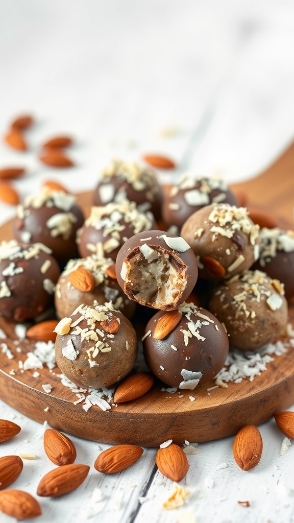 A plate of chocolate-coated almond energy bites topped with shredded coconut and almonds.
