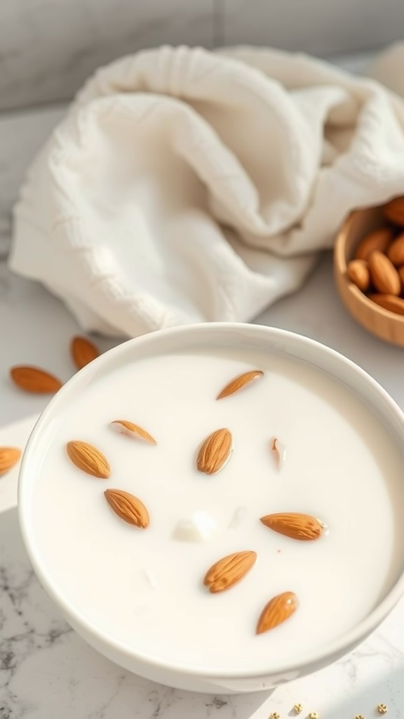 A bowl of almond milk with almonds on top, accompanied by a white cloth and scattered almonds, suggesting a relaxing almond milk bath soak.