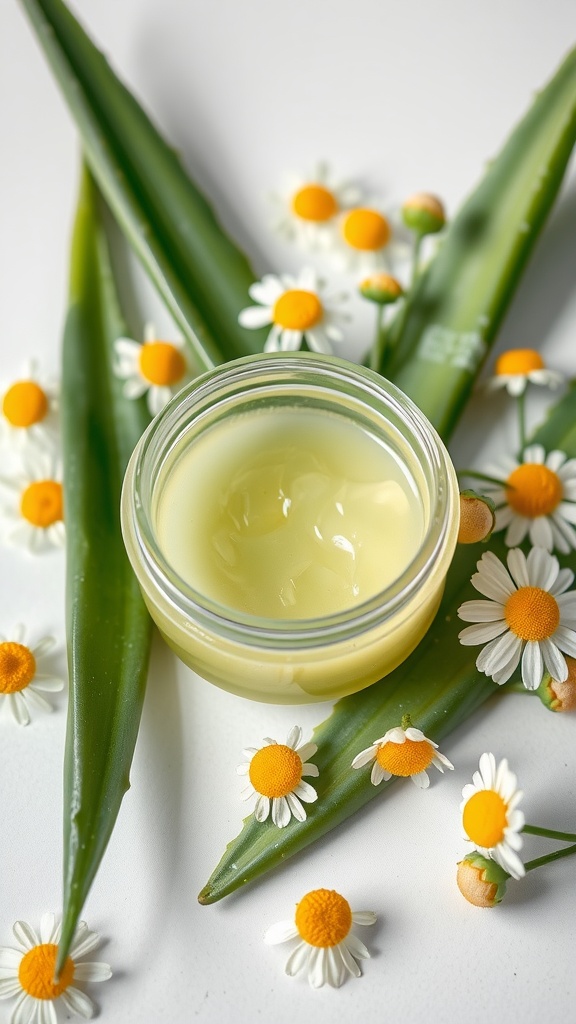 Aloe vera and chamomile healing gel in a jar surrounded by aloe leaves and chamomile flowers