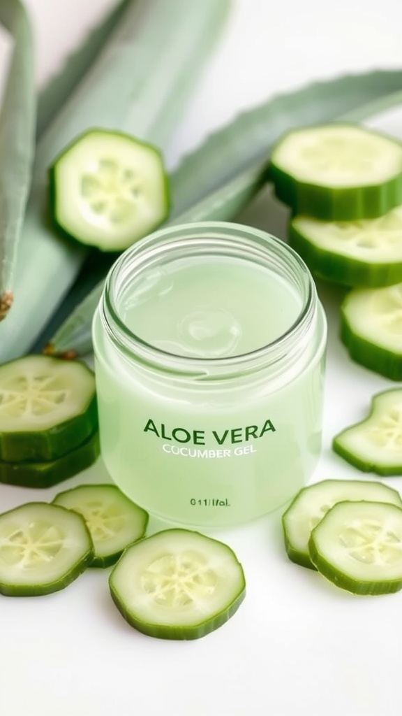 A jar of aloe vera and cucumber gel surrounded by fresh cucumber slices and aloe vera leaves