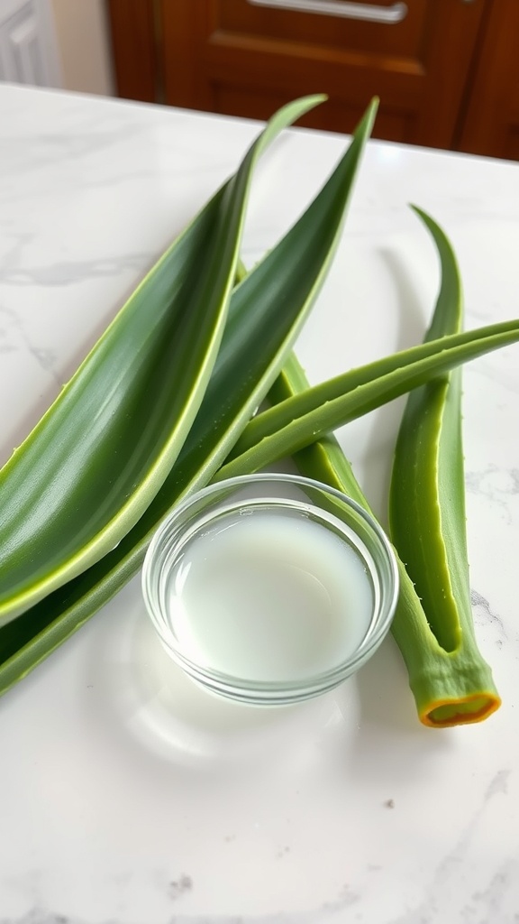 Fresh aloe vera leaves and a bowl of aloe vera gel.