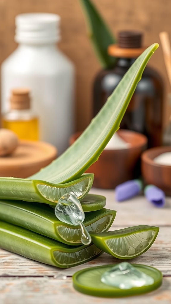 Fresh aloe vera leaves with gel inside, surrounded by various skincare ingredients.