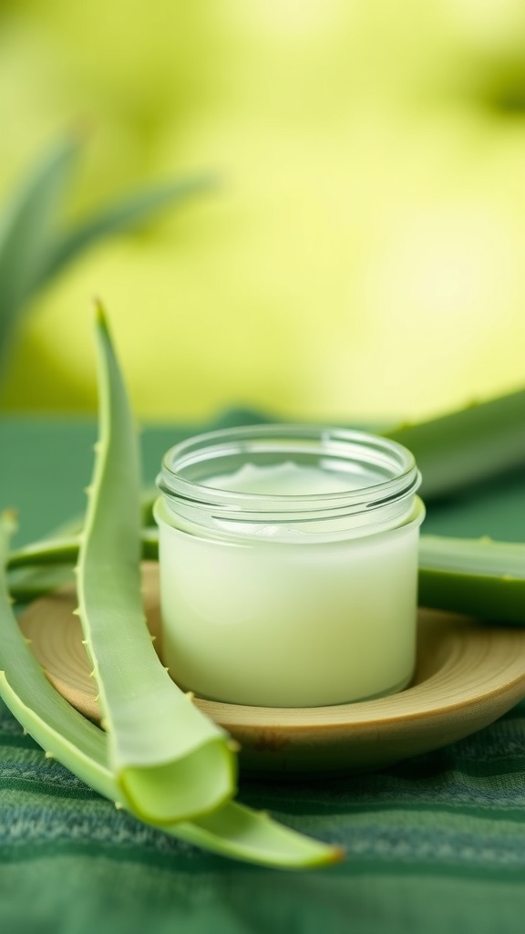 A jar of aloe vera gel on a wooden plate with fresh aloe vera leaves around it.