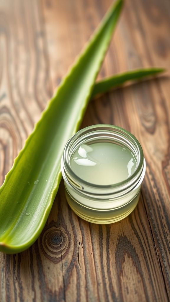 Aloe vera leaf and a small jar of clear aloe vera gel on a wooden surface.