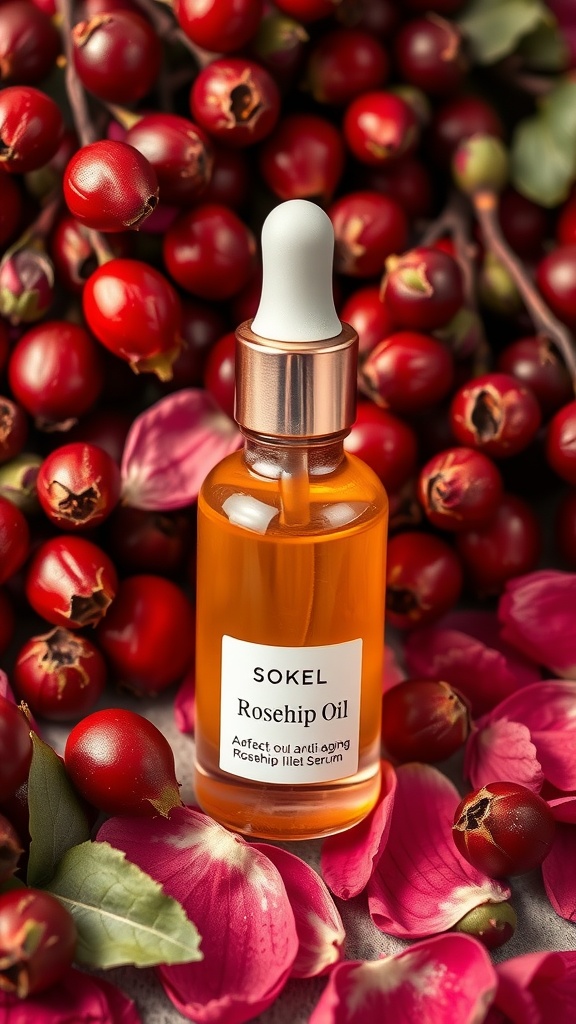 Bottle of rosehip oil serum surrounded by red rose hips and pink petals