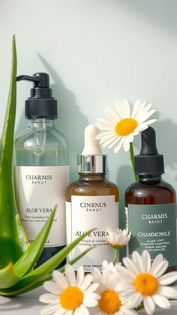 Three skincare bottles featuring aloe vera and chamomile, surrounded by flowers on a light background.