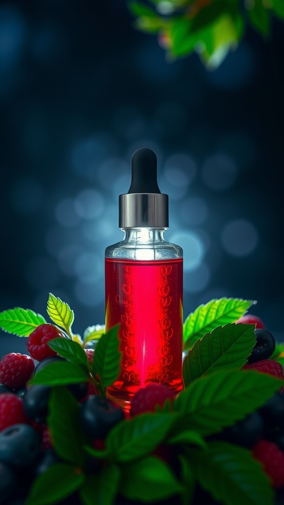 A vibrant red serum bottle surrounded by berries and leaves, symbolizing antioxidant-infused skincare.