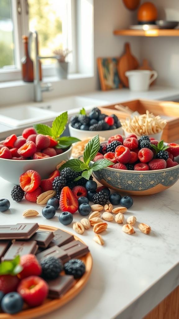 A kitchen counter filled with vibrant bowls of berries, nuts, and dark chocolate, showcasing antioxidant-rich foods.