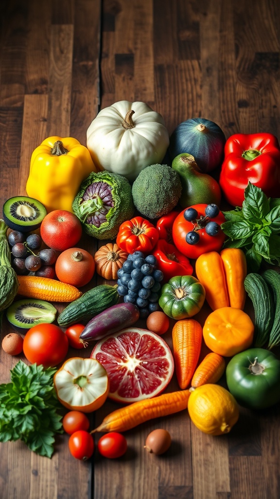A colorful assortment of fresh fruits and vegetables, including peppers, tomatoes, and blueberries, arranged on a wooden surface.