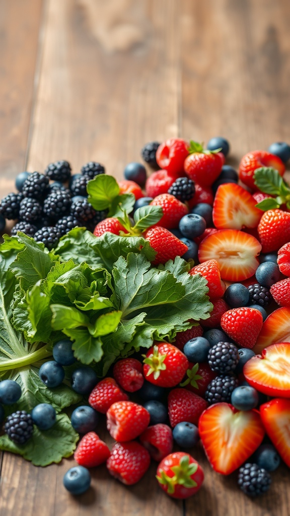 An assortment of berries, including strawberries, blueberries, and blackberries, alongside fresh leafy greens on a wooden table