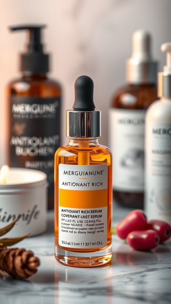 Image of an antioxidant-rich serum bottle surrounded by other skincare products, showcasing a relaxing skincare routine.