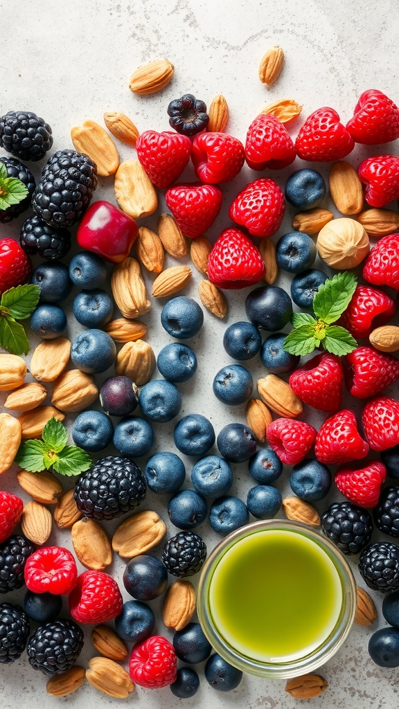 A colorful array of berries, nuts, and a green liquid, representing healthy foods rich in antioxidants.
