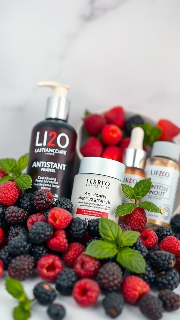 Skincare products surrounded by fresh berries, highlighting the benefits of antioxidants for skin health.