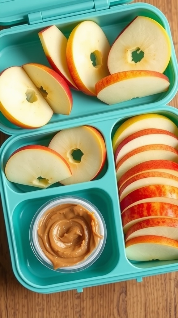 A vibrant lunchbox containing sliced apples and a small container of almond butter.