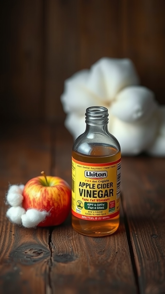 A bottle of apple cider vinegar next to a fresh apple and cotton balls on a wooden surface.