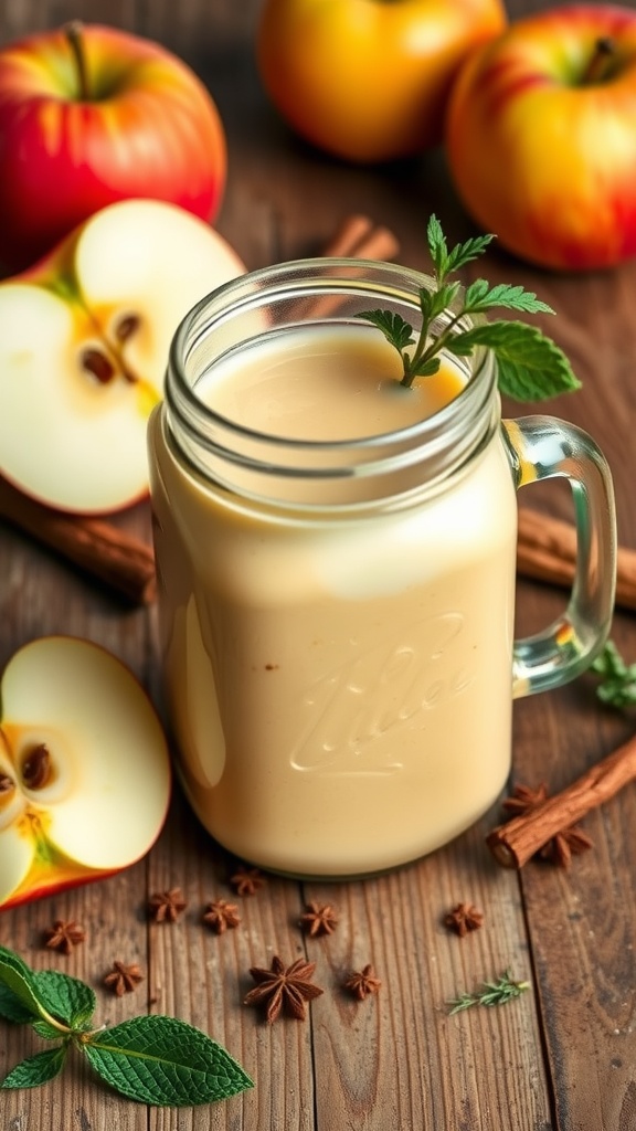 A refreshing drink in a jar with apple slices and mint leaves, surrounded by fresh apples and cinnamon.