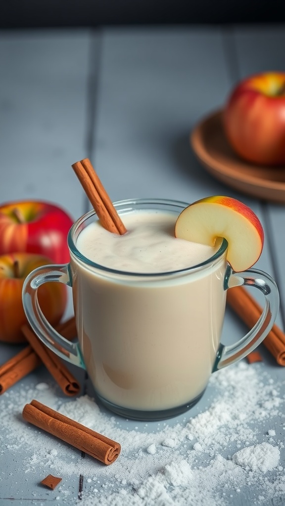 A warm apple cinnamon smoothie with a cinnamon stick and apple slice garnish.