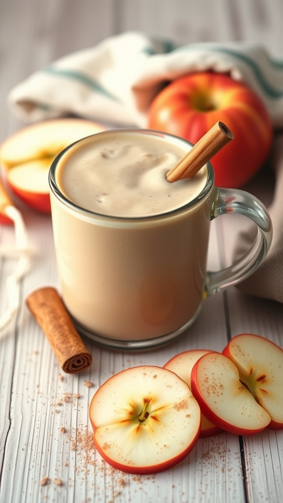 Apple Cinnamon Smoothie in a glass with cinnamon stick and apple slices