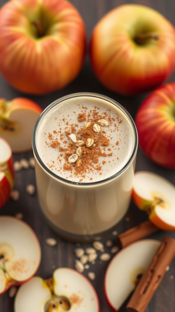 A delicious apple cinnamon oat smoothie garnished with oats and cinnamon, surrounded by fresh apples.