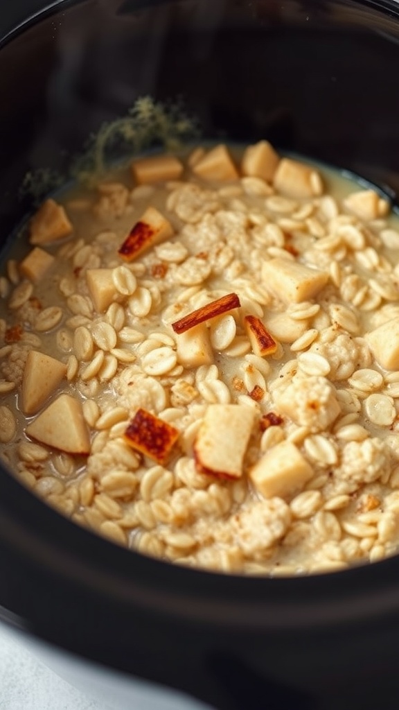 A bowl of apple cinnamon oatmeal cooking in a slow cooker with diced apples and oats.