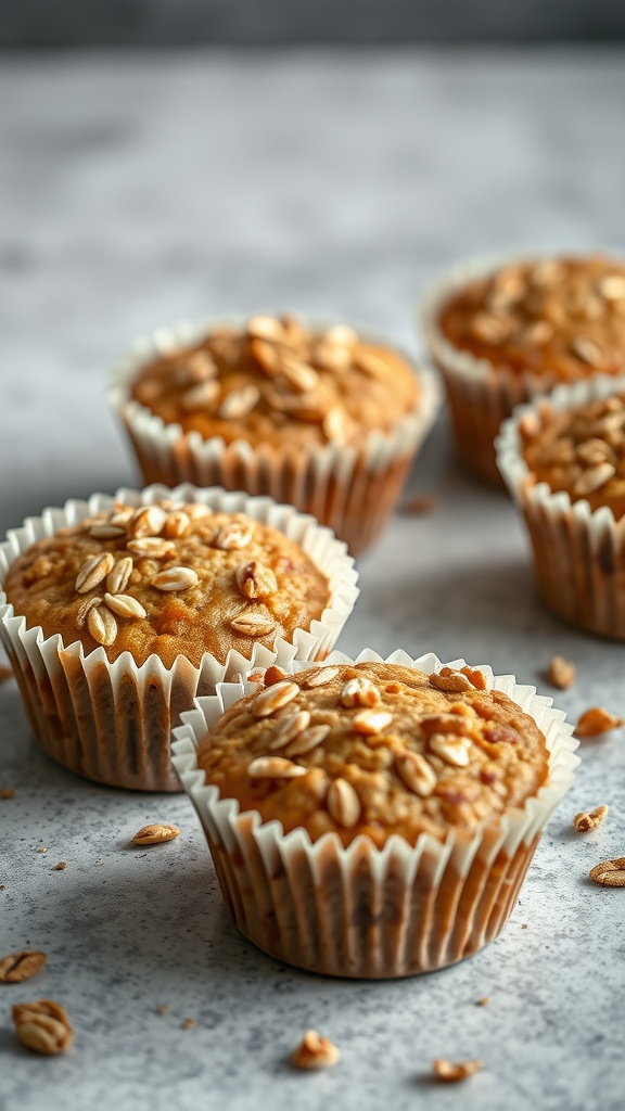 Baked oatmeal cups topped with oats, arranged on a gray surface.